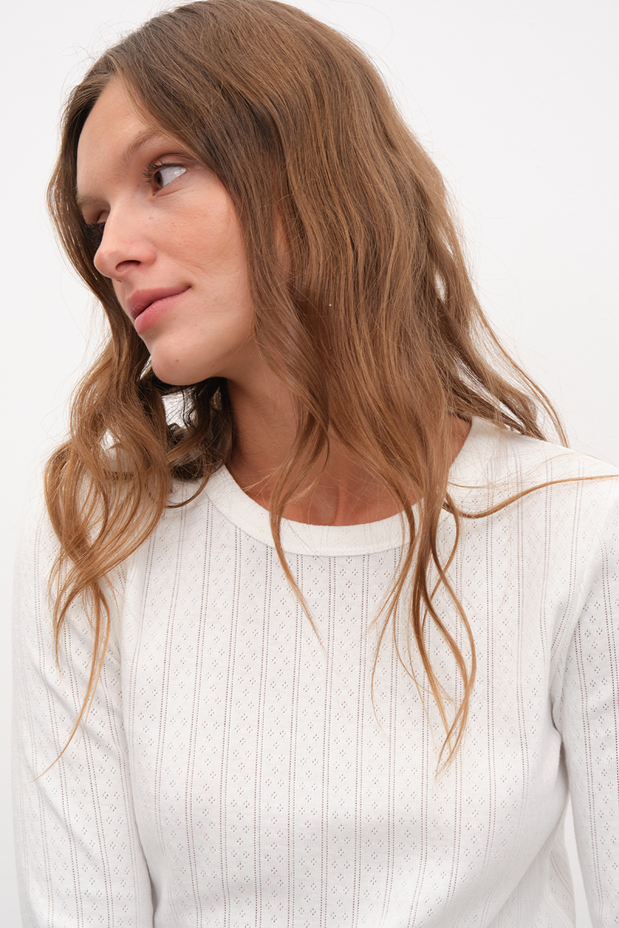 Pointelle Cotton Bisiklet Yakalı Uzun Kollu T-shirt