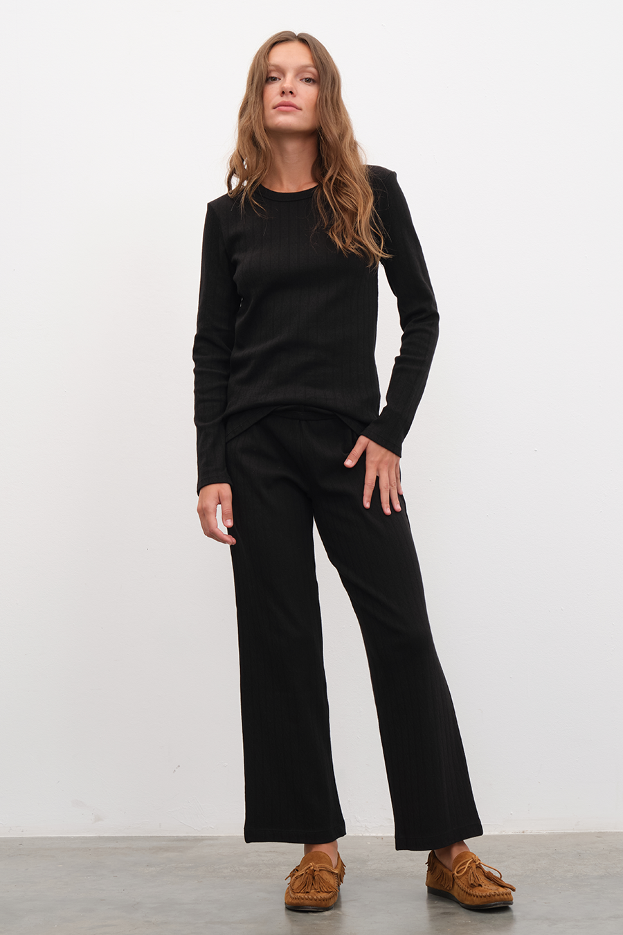 Pointelle Cotton Bisiklet Yakalı Uzun Kollu T-shirt