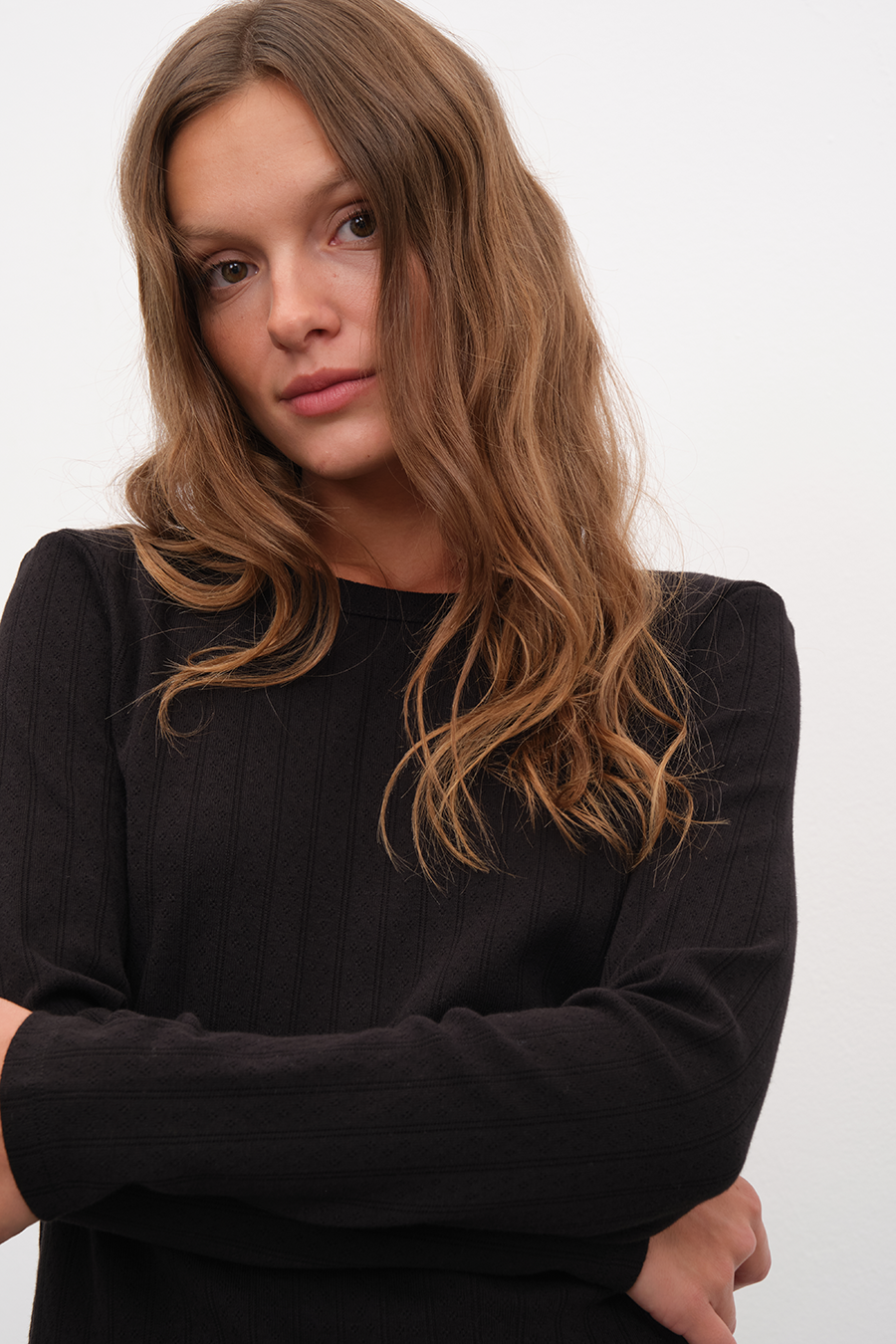 Pointelle Cotton Bisiklet Yakalı Uzun Kollu T-shirt