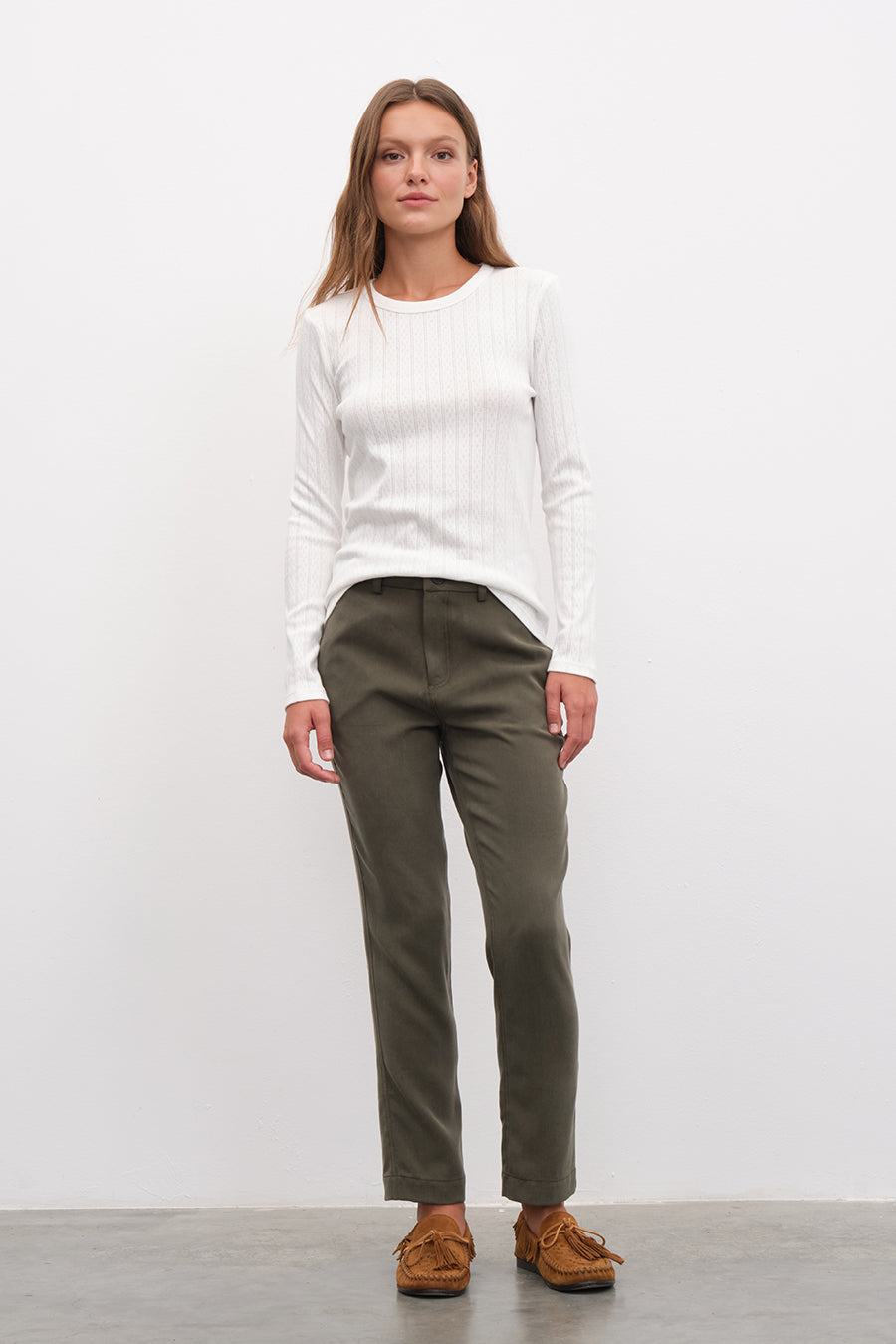 Pointelle Cotton Bisiklet Yakalı Uzun Kollu T-shirt