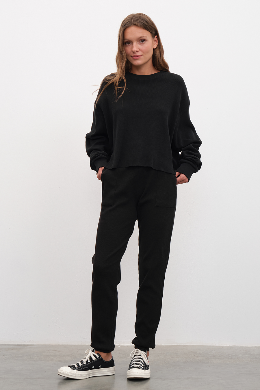 Waffle Cotton Cropped Oversize Sweatshirt