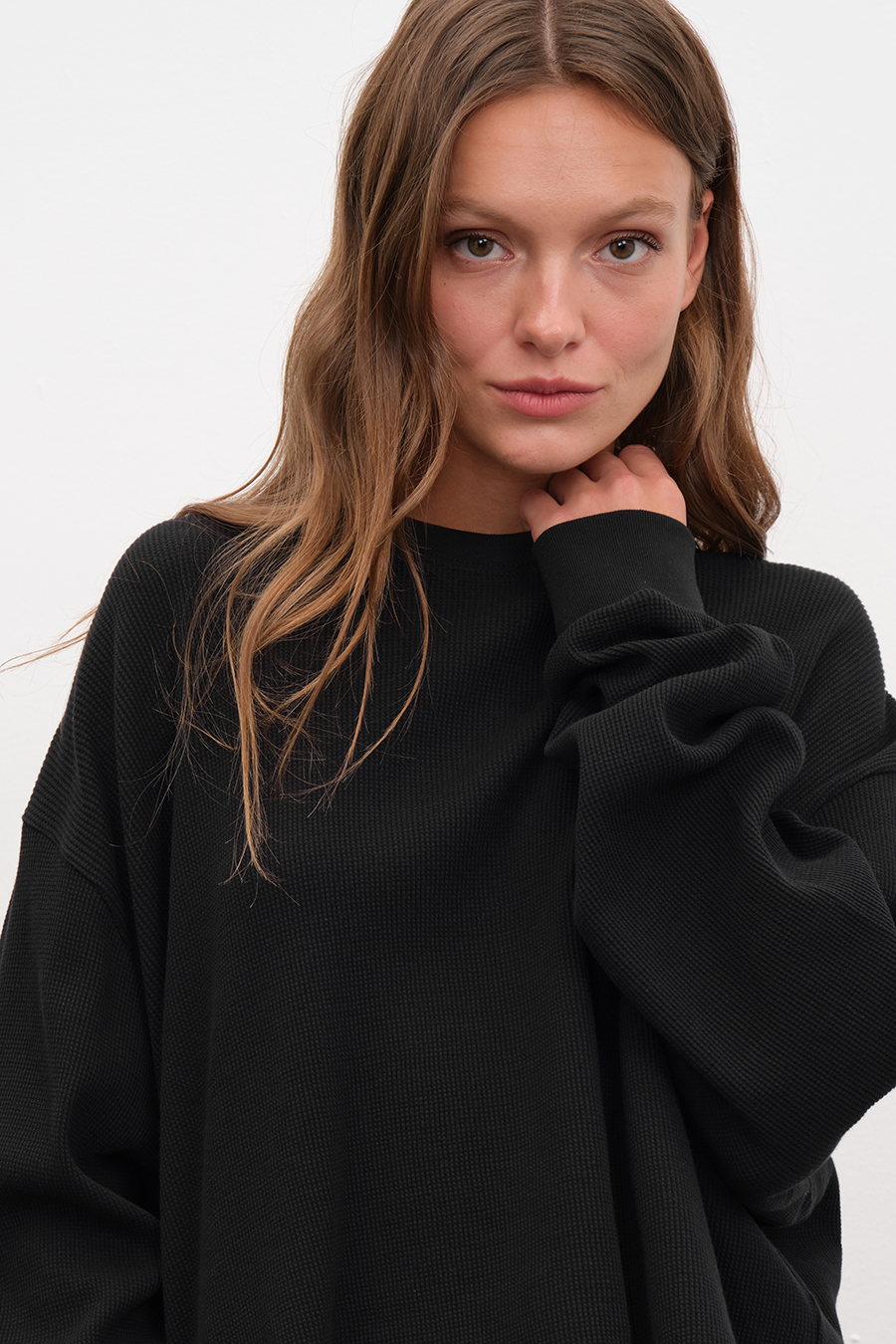 Waffle Cotton Cropped Oversize Sweatshirt