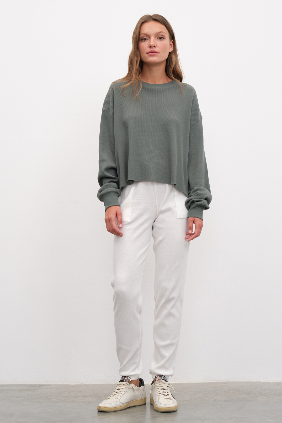 Waffle Cotton Cropped Oversize Sweatshirt