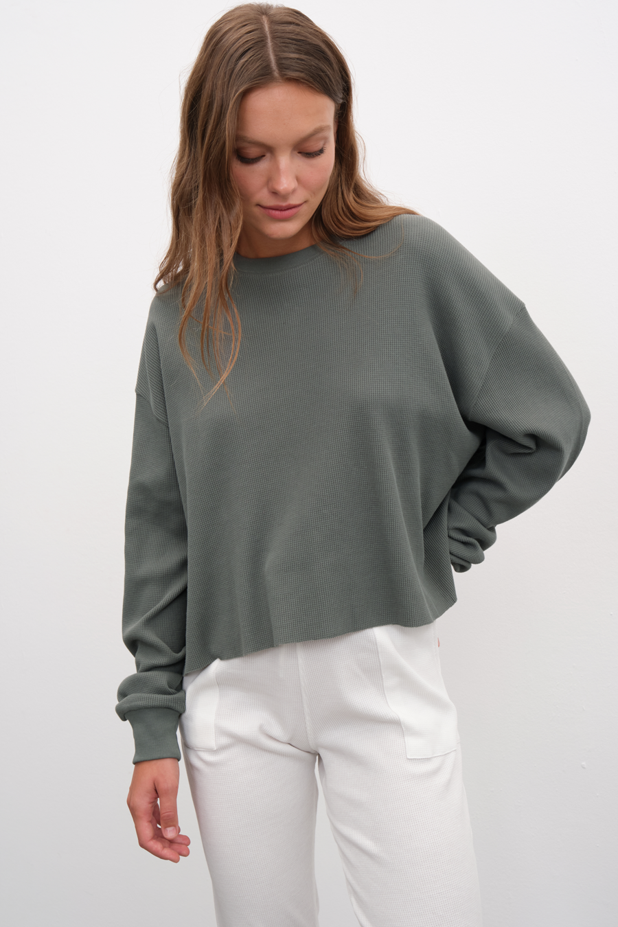 Waffle Cotton Cropped Oversize Sweatshirt