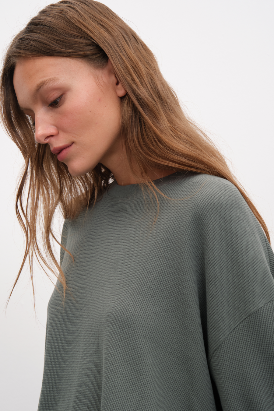 Waffle Cotton Cropped Oversize Sweatshirt