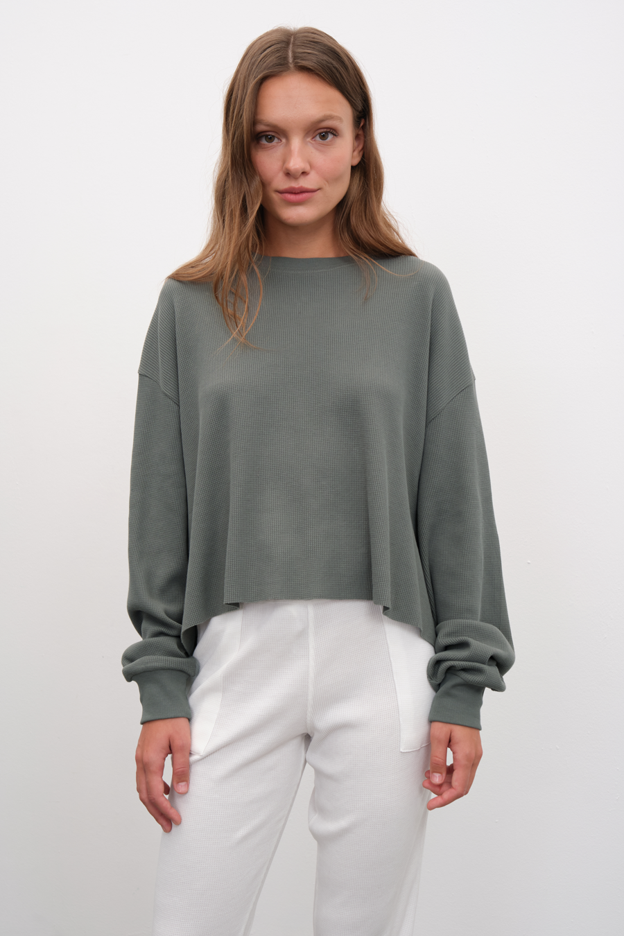 Waffle Cotton Cropped Oversize Sweatshirt