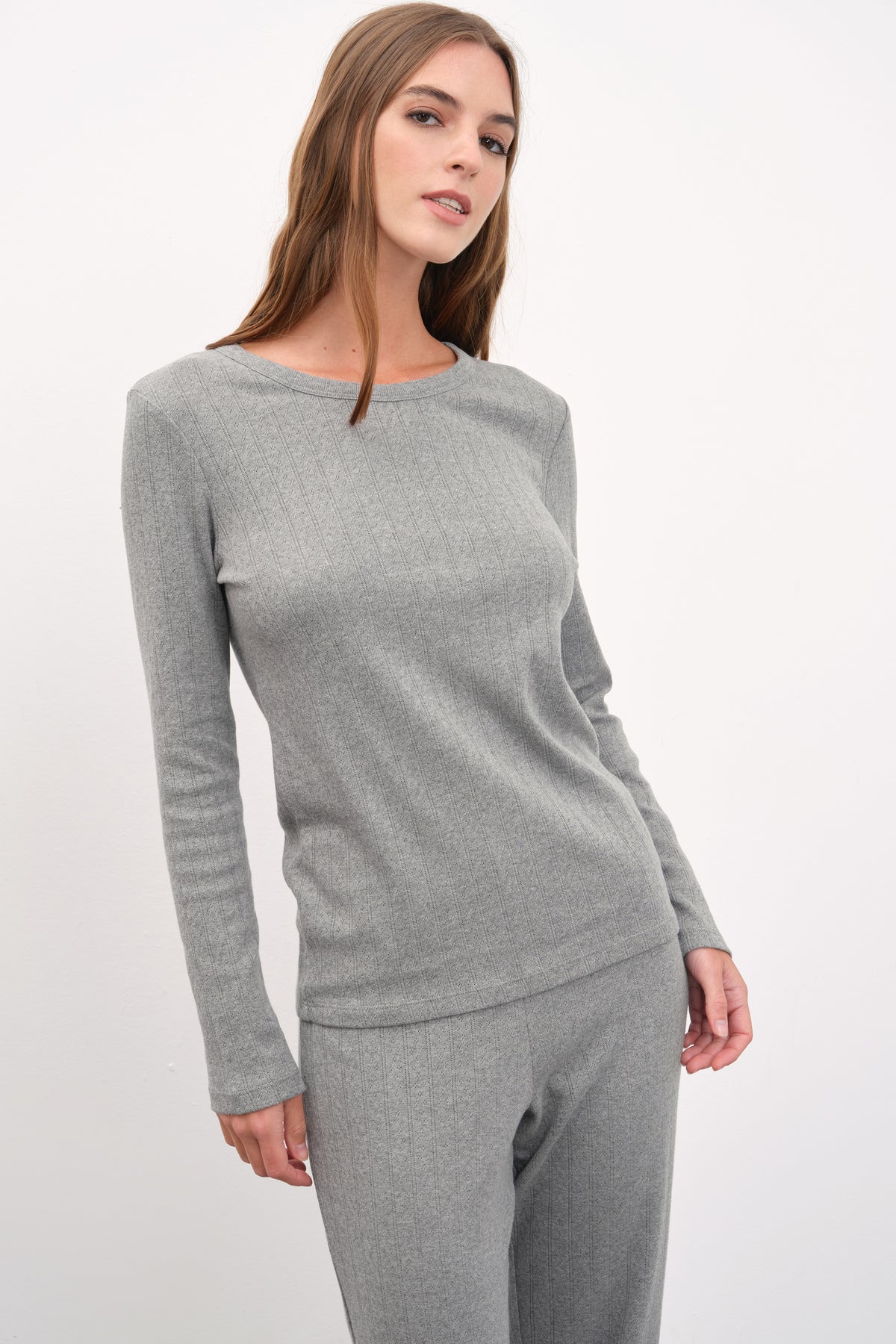 Pointelle Cotton Bisiklet Yakalı Uzun Kollu T-shirt