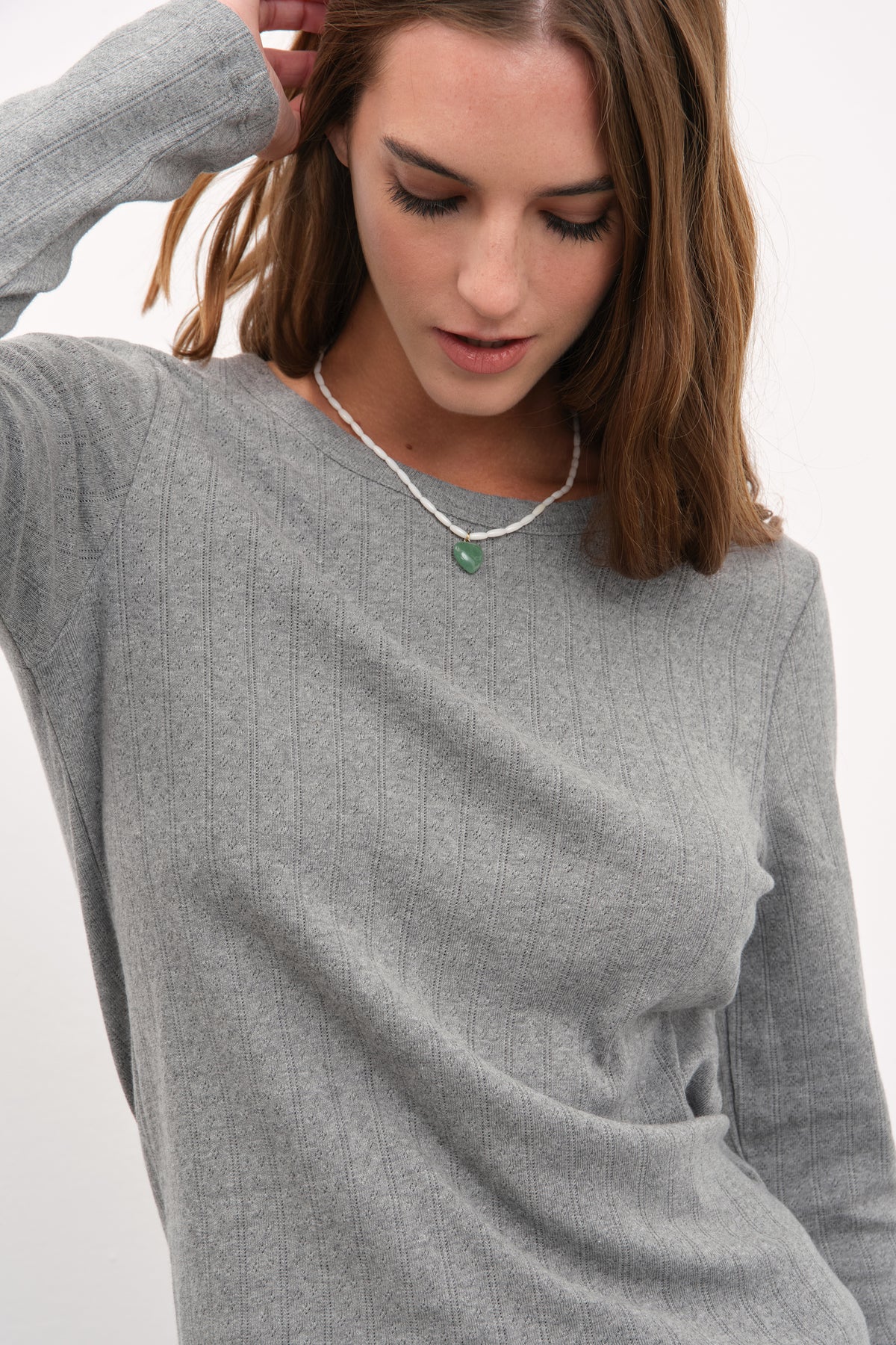 Pointelle Cotton Bisiklet Yakalı Uzun Kollu T-shirt