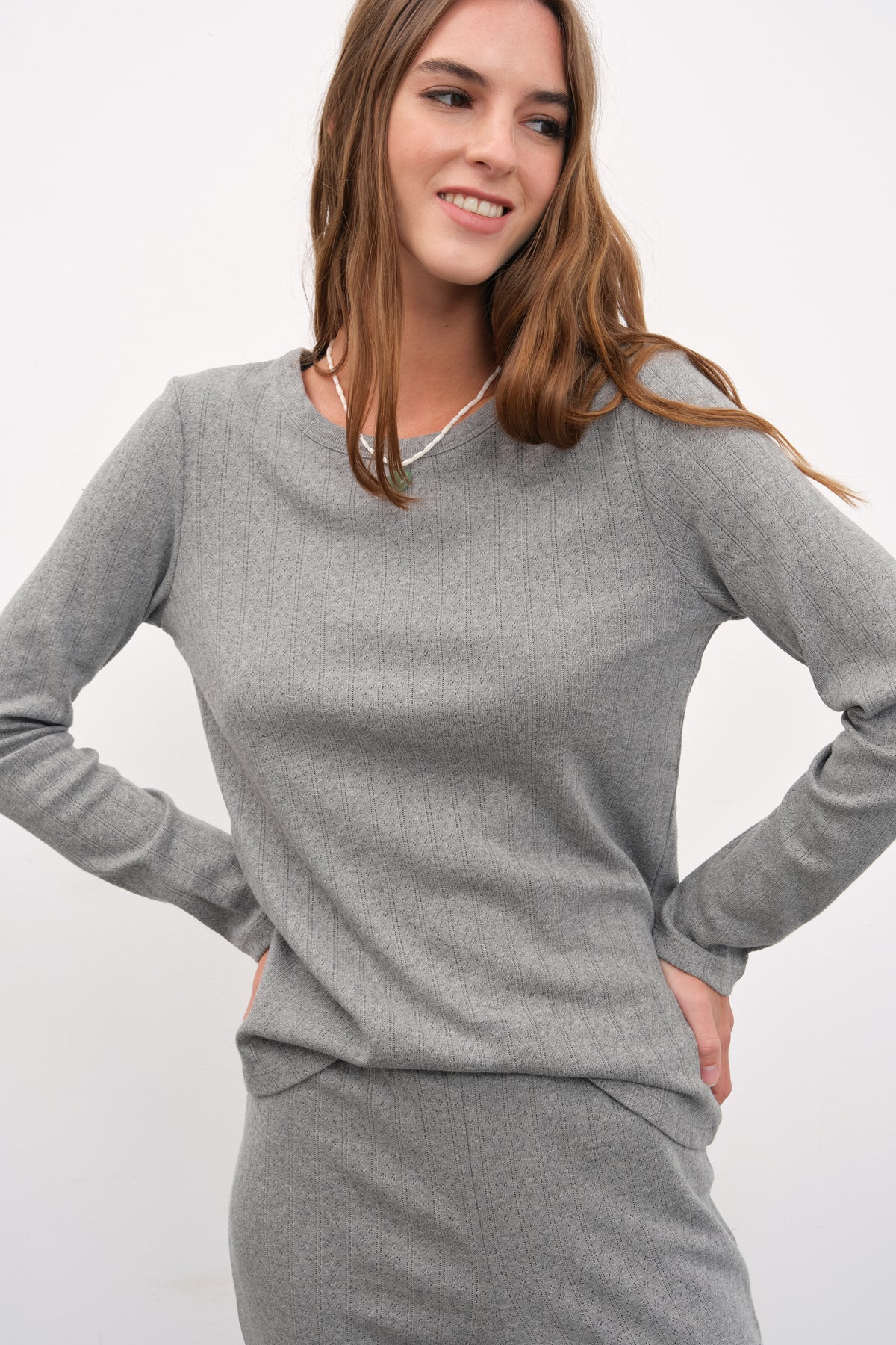 Pointelle Cotton Bisiklet Yakalı Uzun Kollu T-shirt