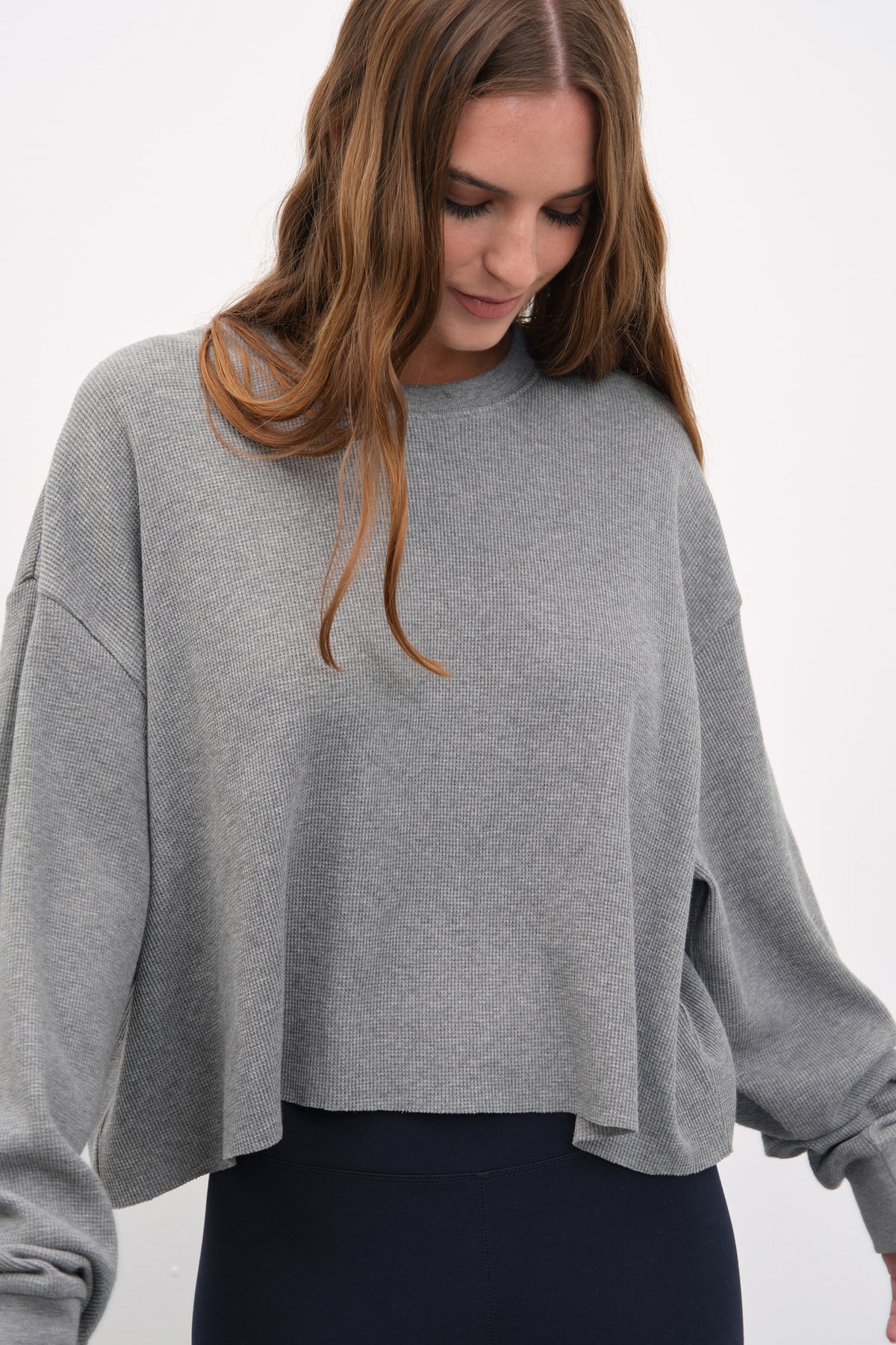 Waffle Cotton Cropped Oversize Sweatshirt