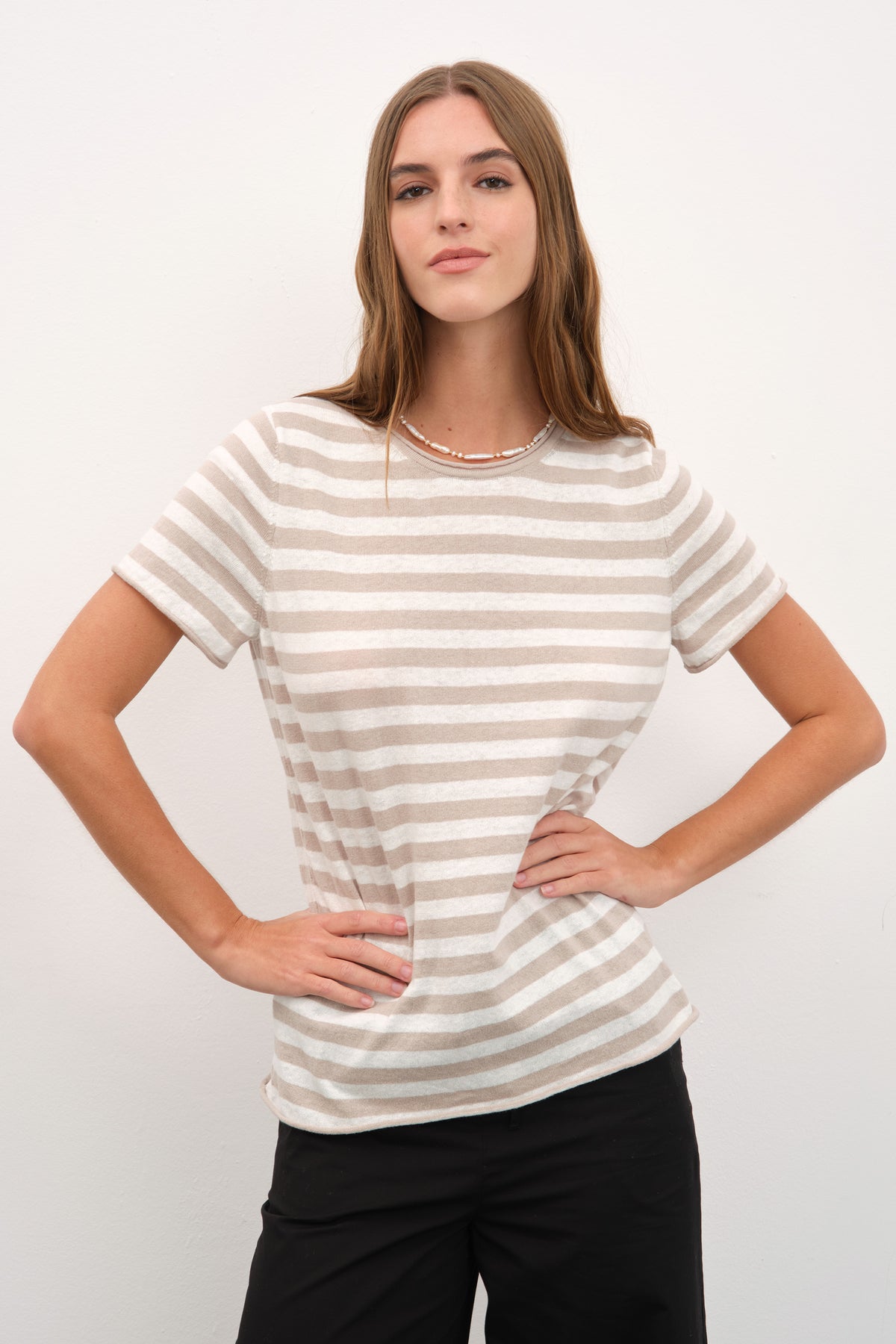 Çizgili Cotton Linen Lightweight Triko T-shirt