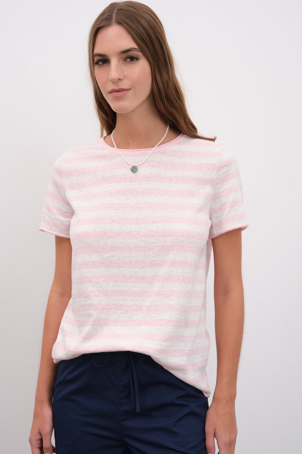 Çizgili Cotton Linen Lightweight Triko T-shirt