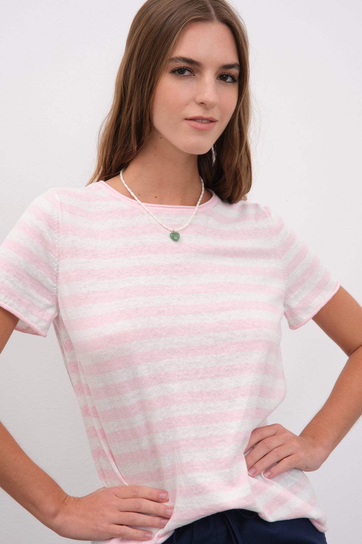 Çizgili Cotton Linen Lightweight Triko T-shirt