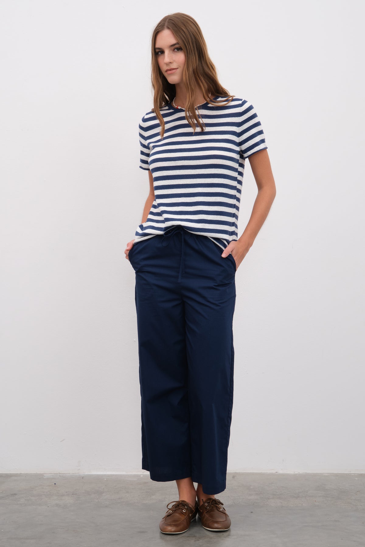 Çizgili Cotton Linen Lightweight Triko T-shirt