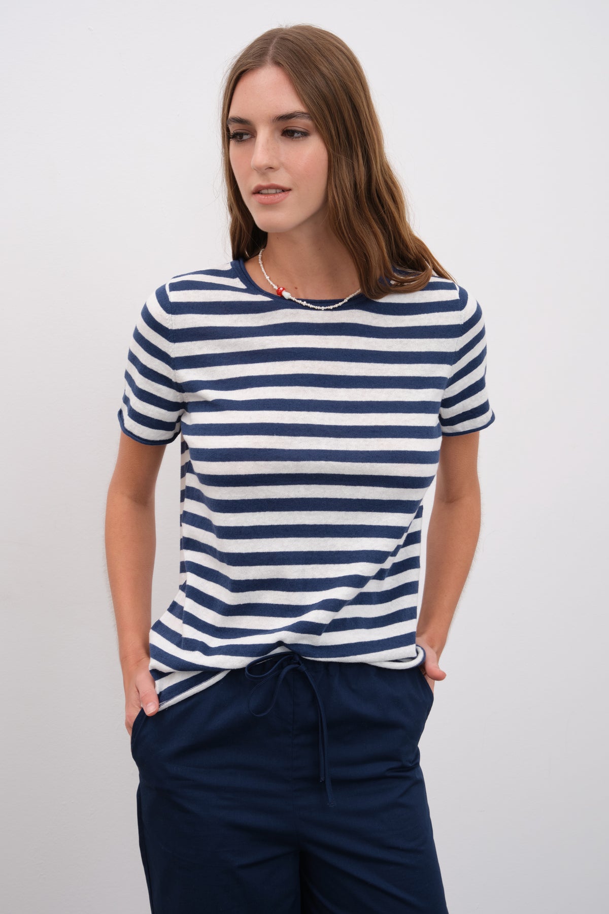 Çizgili Cotton Linen Lightweight Triko T-shirt
