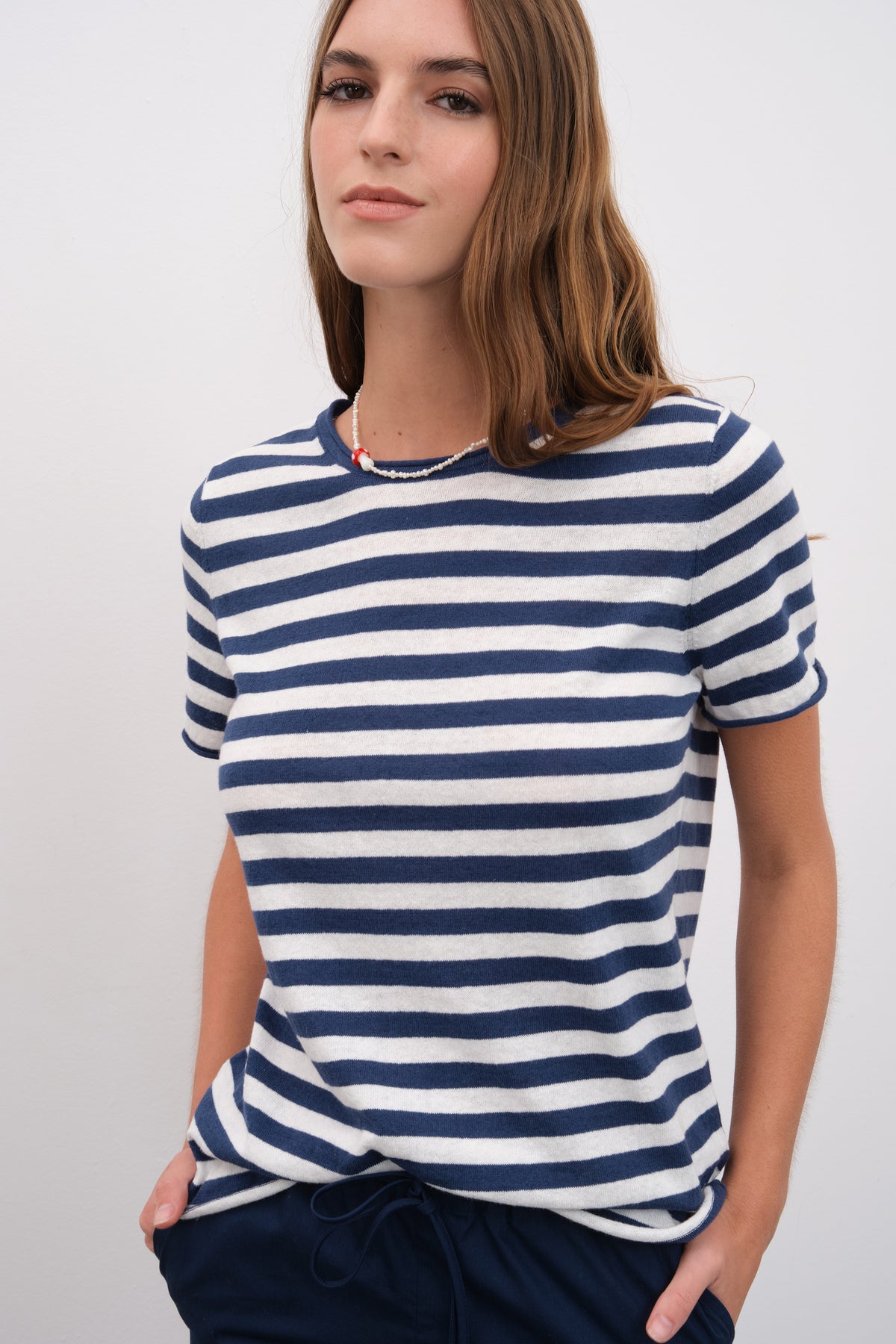 Çizgili Cotton Linen Lightweight Triko T-shirt
