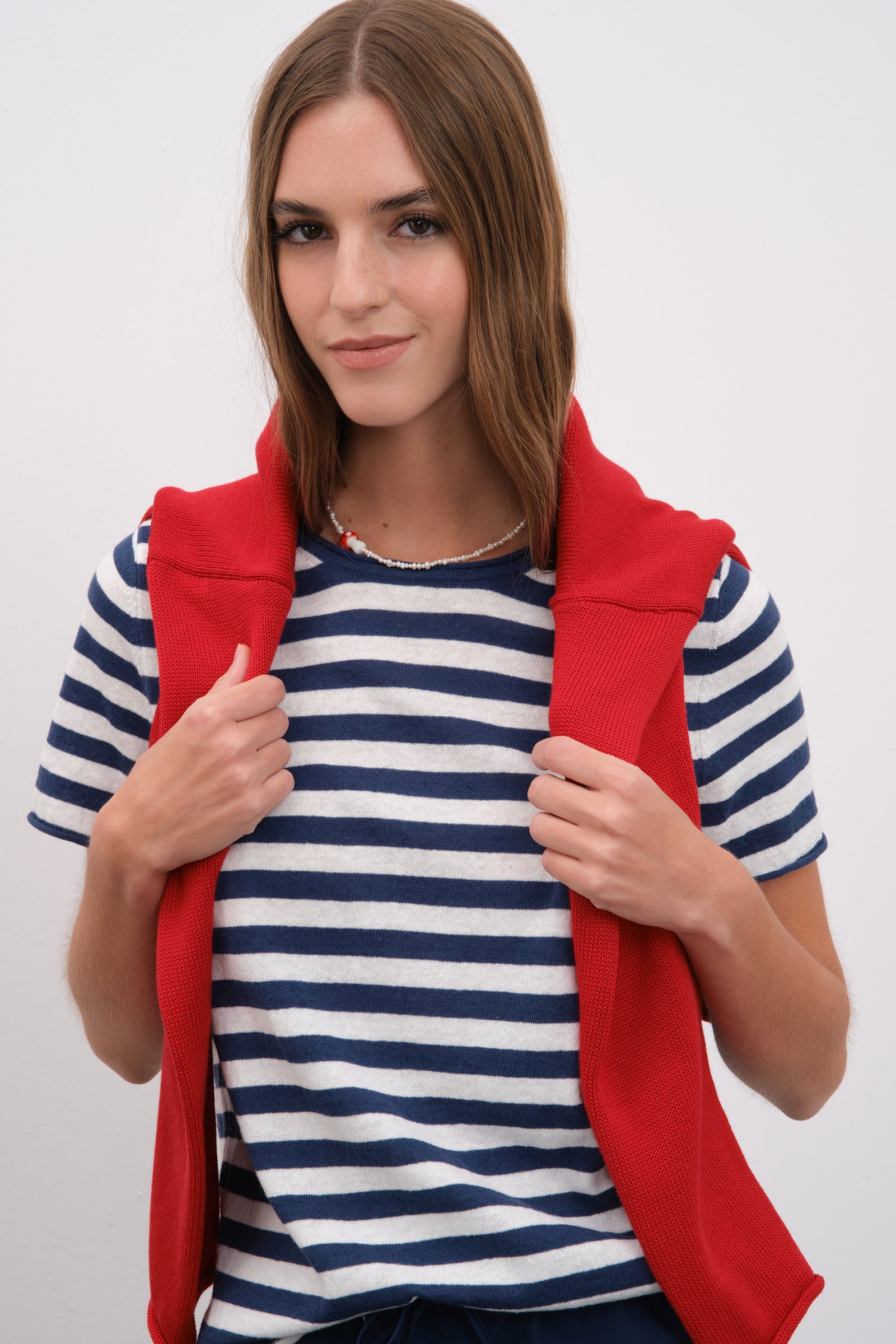 Çizgili Cotton Linen Lightweight Triko T-shirt