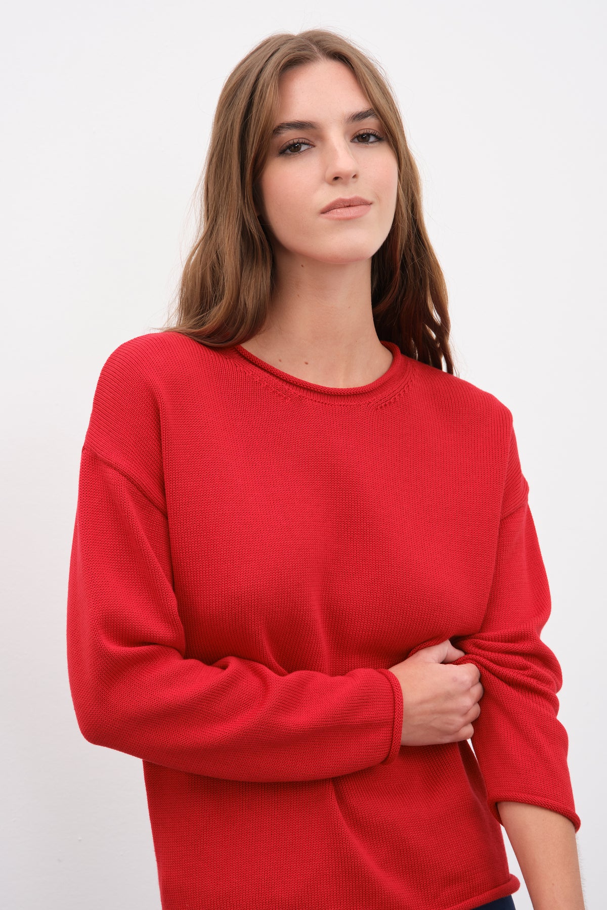 Kıvrık Yakalı Düşük Omuzlu Cotton Modal Triko