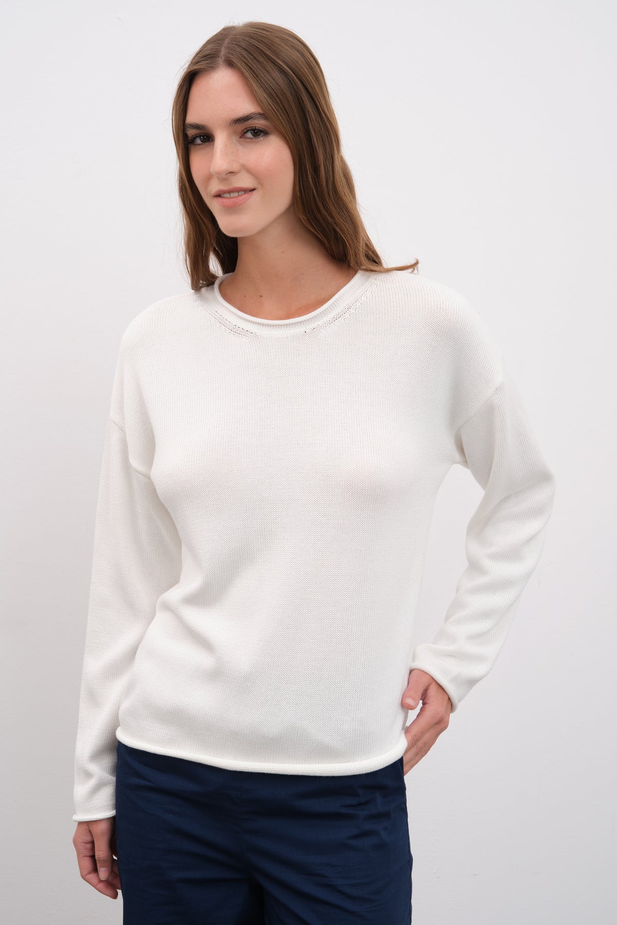 Kıvrık Yakalı Düşük Omuzlu Cotton Modal Triko