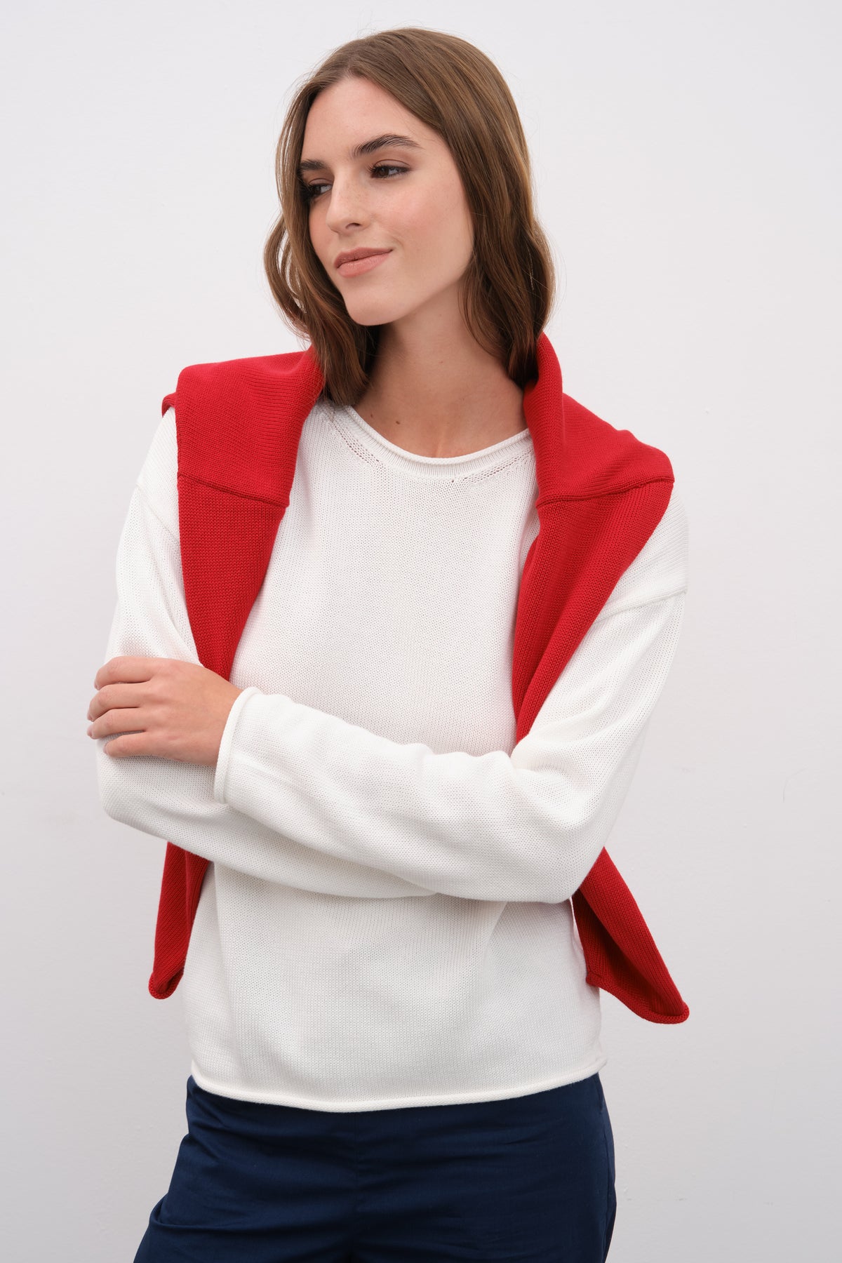 Kıvrık Yakalı Düşük Omuzlu Cotton Modal Triko