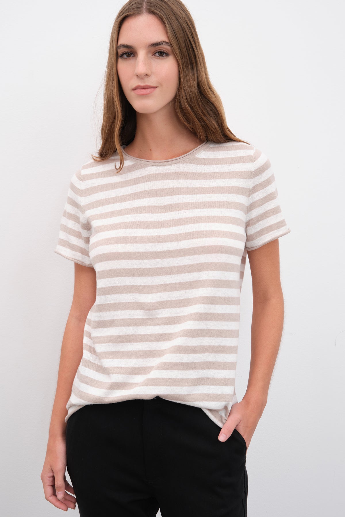 Çizgili Cotton Linen Lightweight Triko T-shirt