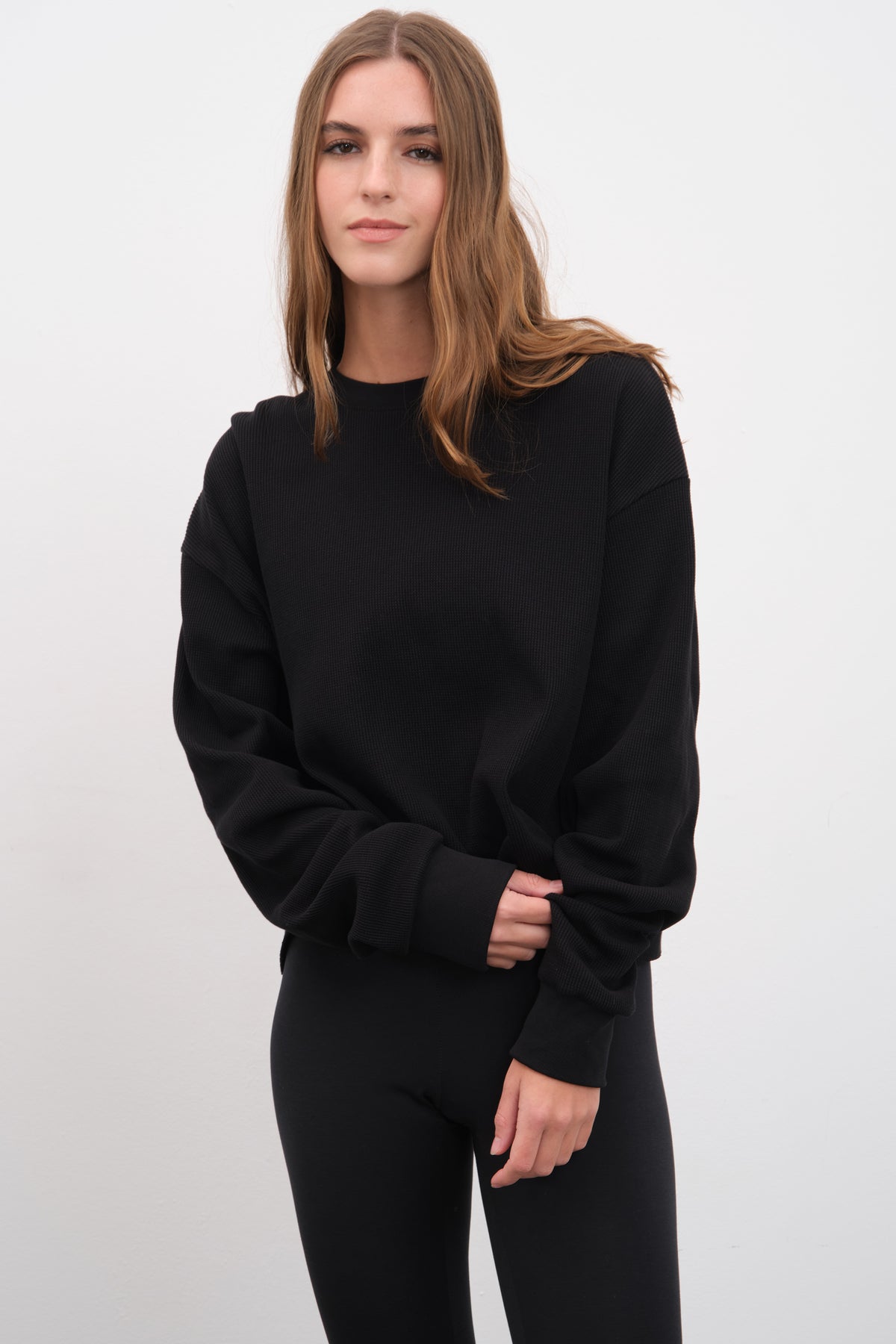 Waffle Cotton Cropped Oversize Sweatshirt