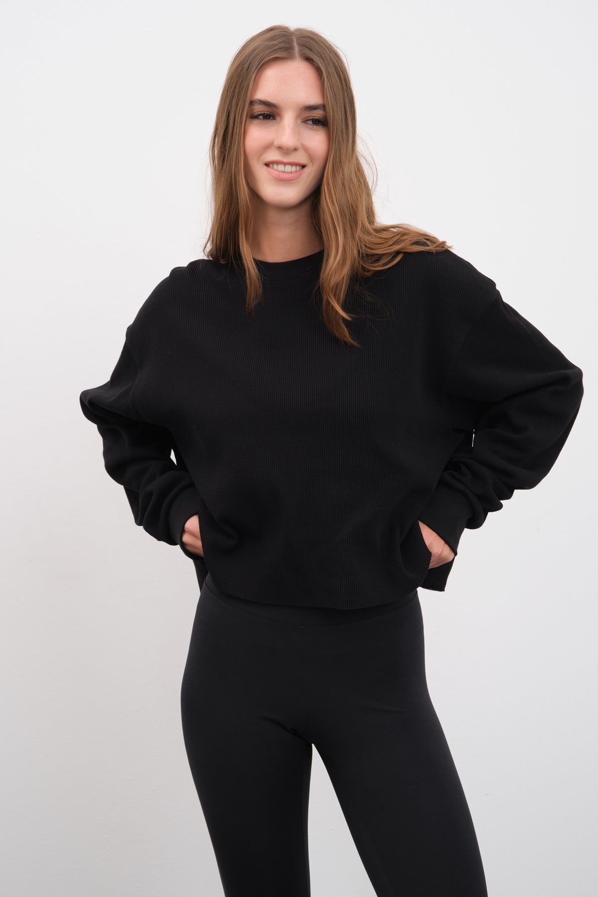 Waffle Cotton Cropped Oversize Sweatshirt