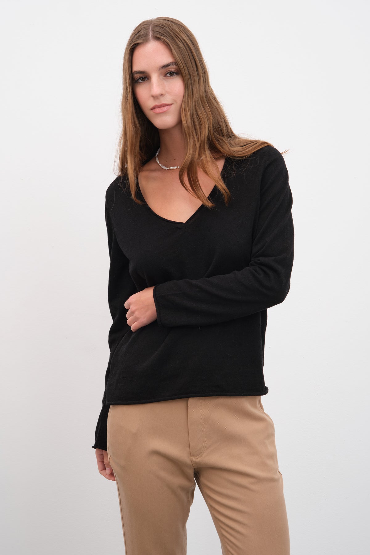 V Yakalı Cotton Linen Lightweight Triko
