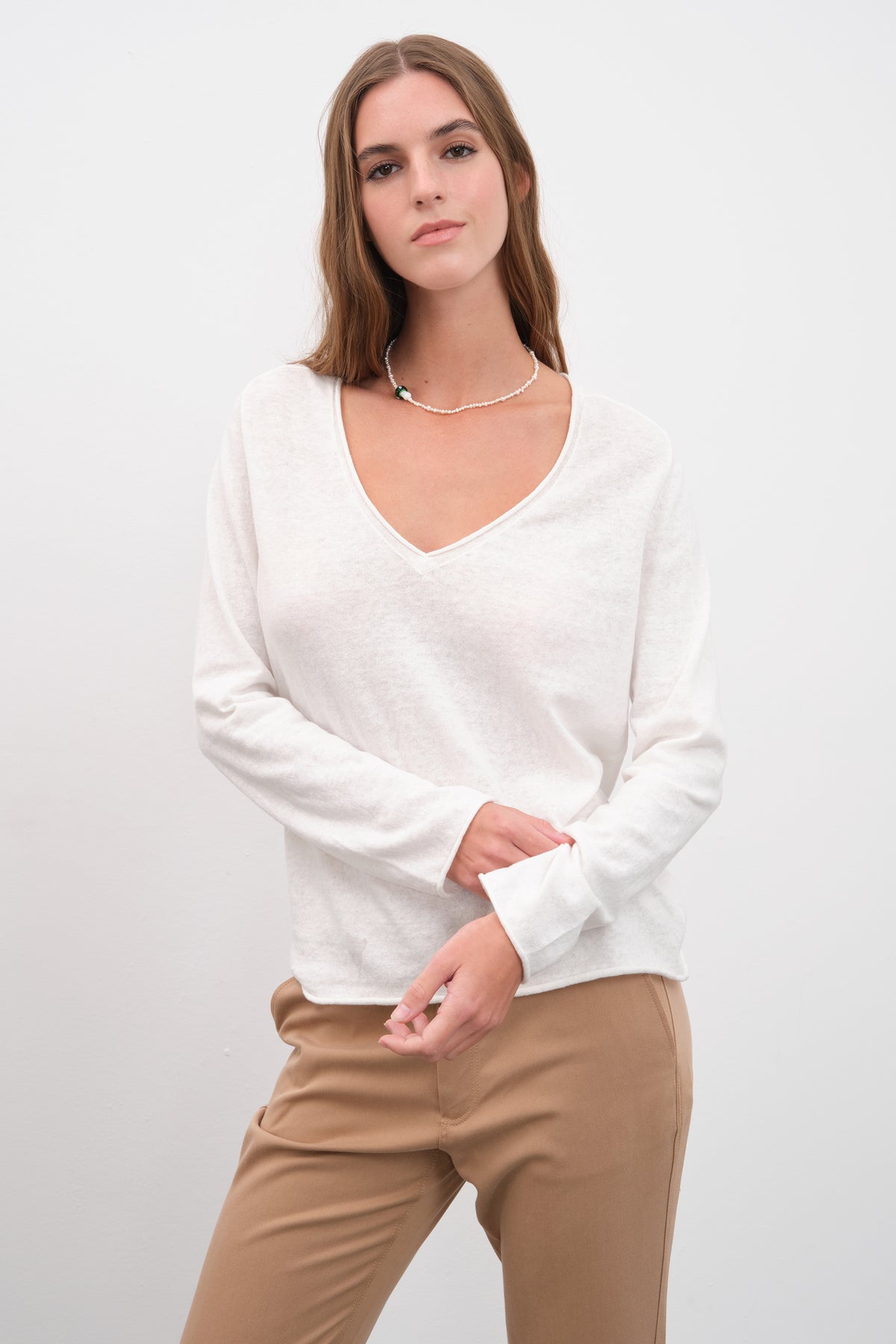 V Yakalı Cotton Linen Lightweight Triko