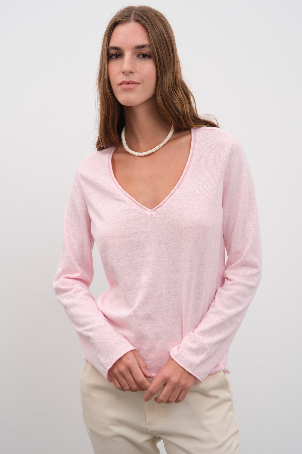 V Yakalı Cotton Linen Lightweight Triko