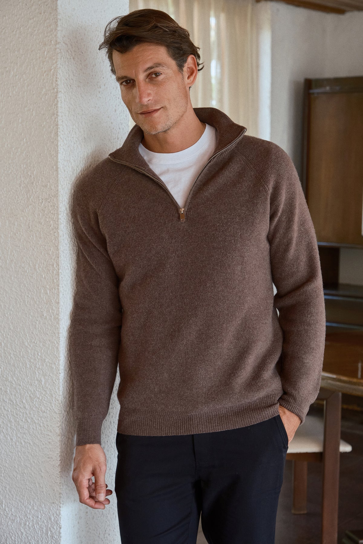 İnce Ribana Örgülü Yarım Fermuarlı Unisex Merino Triko