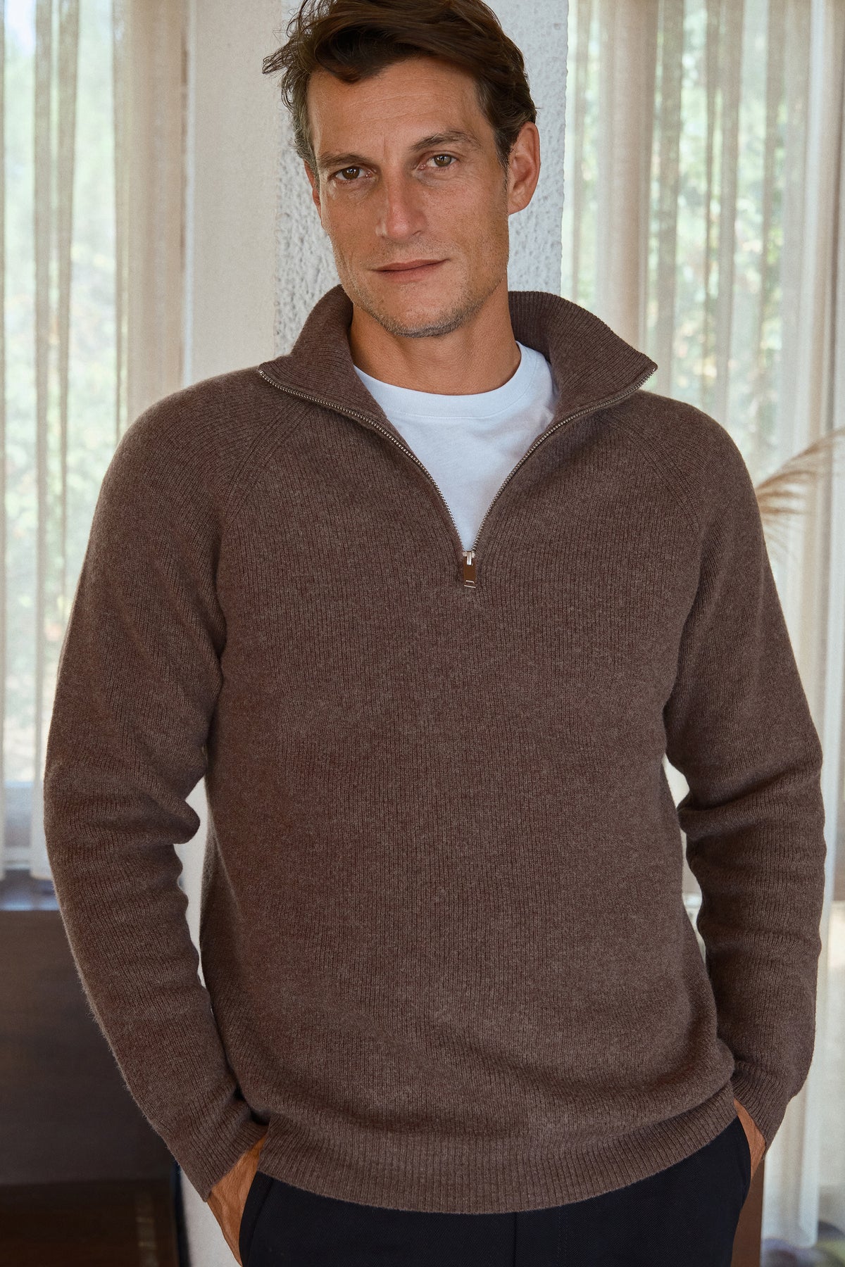 İnce Ribana Örgülü Yarım Fermuarlı Unisex Merino Triko