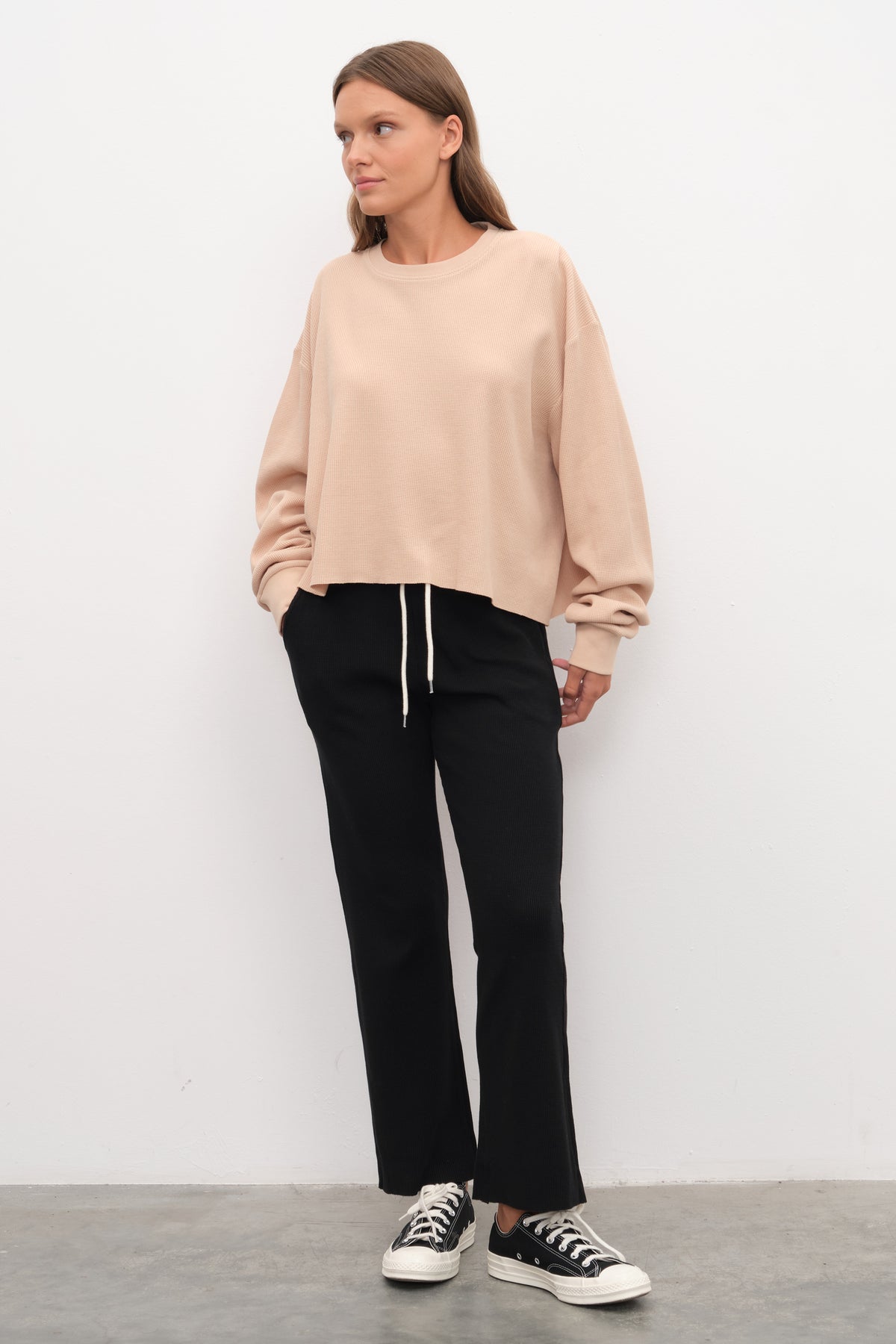 Waffle Cotton Cropped Oversize Sweatshirt