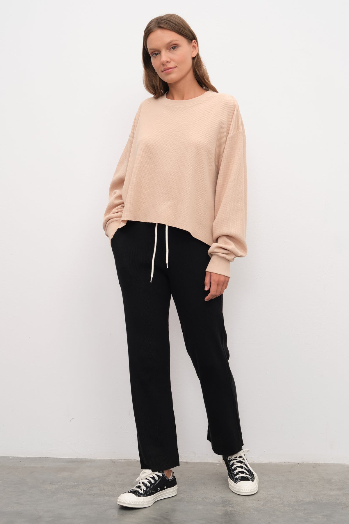 Waffle Cotton Cropped Oversize Sweatshirt