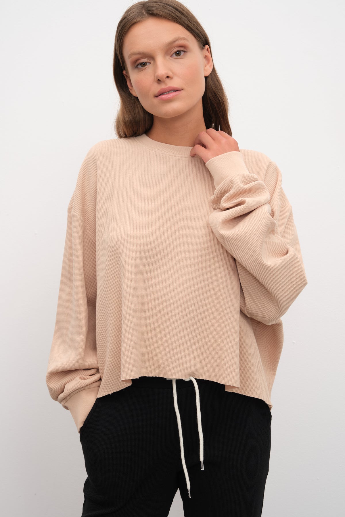 Waffle Cotton Cropped Oversize Sweatshirt