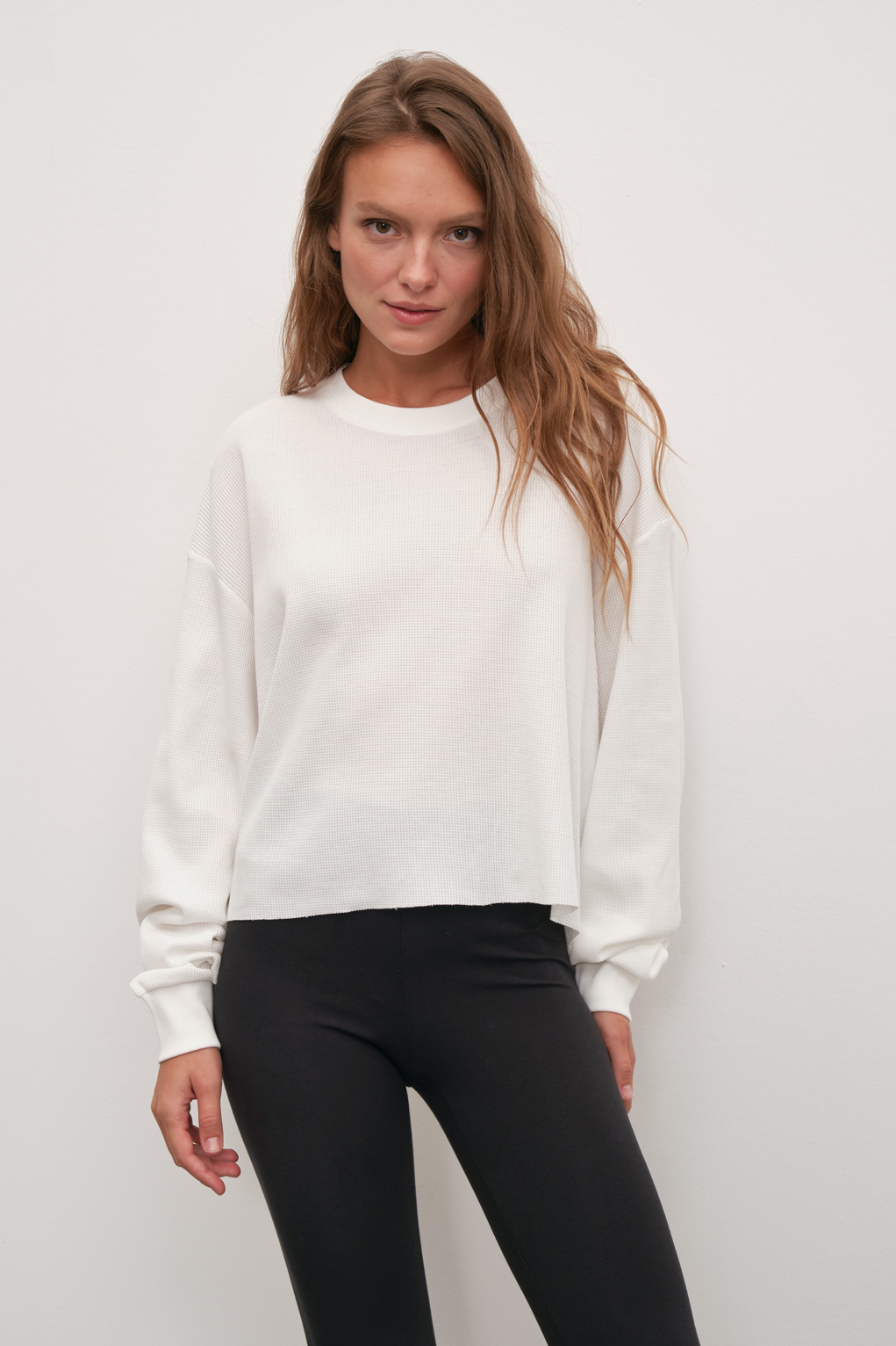 Waffle Cotton Cropped Oversize Sweatshirt