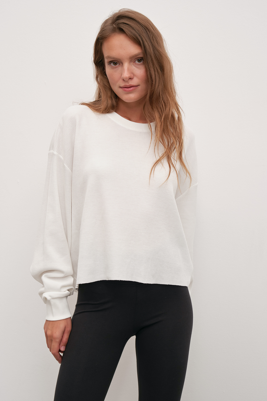 Waffle Cotton Cropped Oversize Sweatshirt