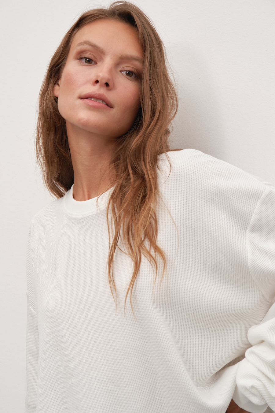 Waffle Cotton Cropped Oversize Sweatshirt