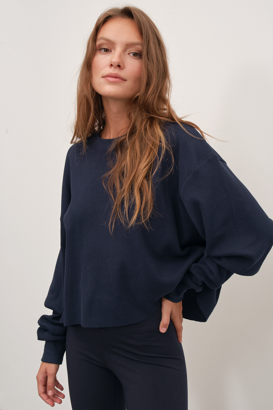 Waffle Cotton Cropped Oversize Sweatshirt