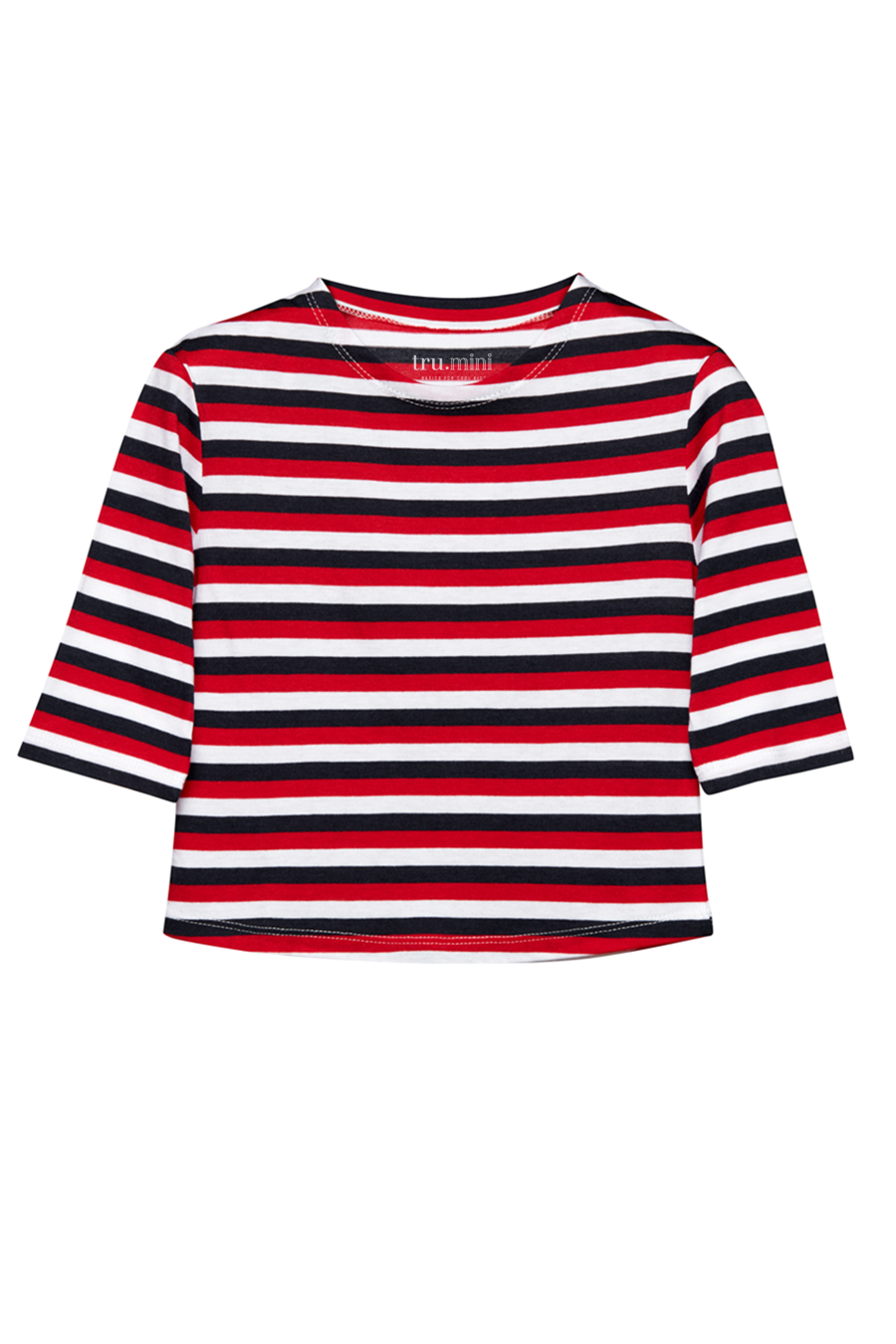 tru. Çocuk Kırmızı/Beyaz/Lacivert Çizgili Düşük Omuzlu Uzun Kollu Breton Çocuk T-shirt